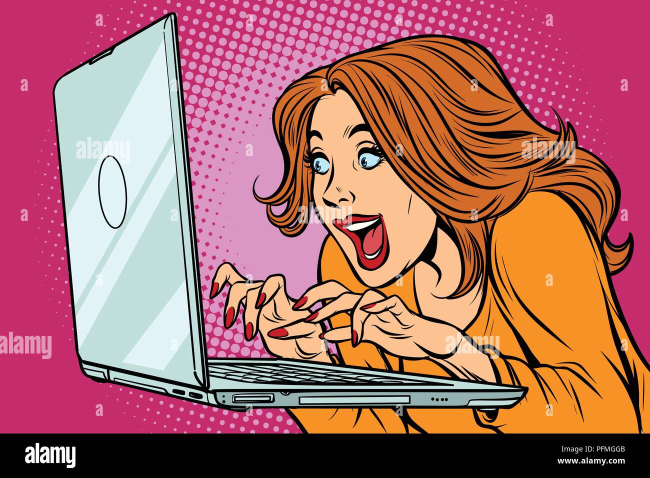 Donna digitando sulla tastiera del notebook. Fumetto cartoon arte pop retrò illustrazione vettoriale disegno Illustrazione Vettoriale