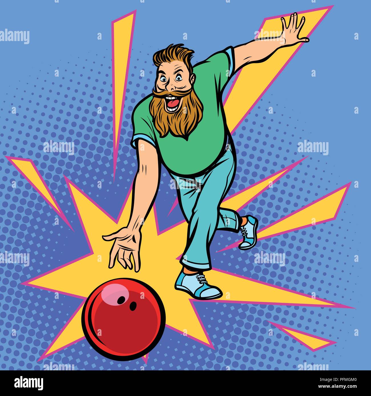 L'uomo getta palla da bowling. Fumetto cartoon arte pop retrò illustrazione vettoriale disegno Illustrazione Vettoriale