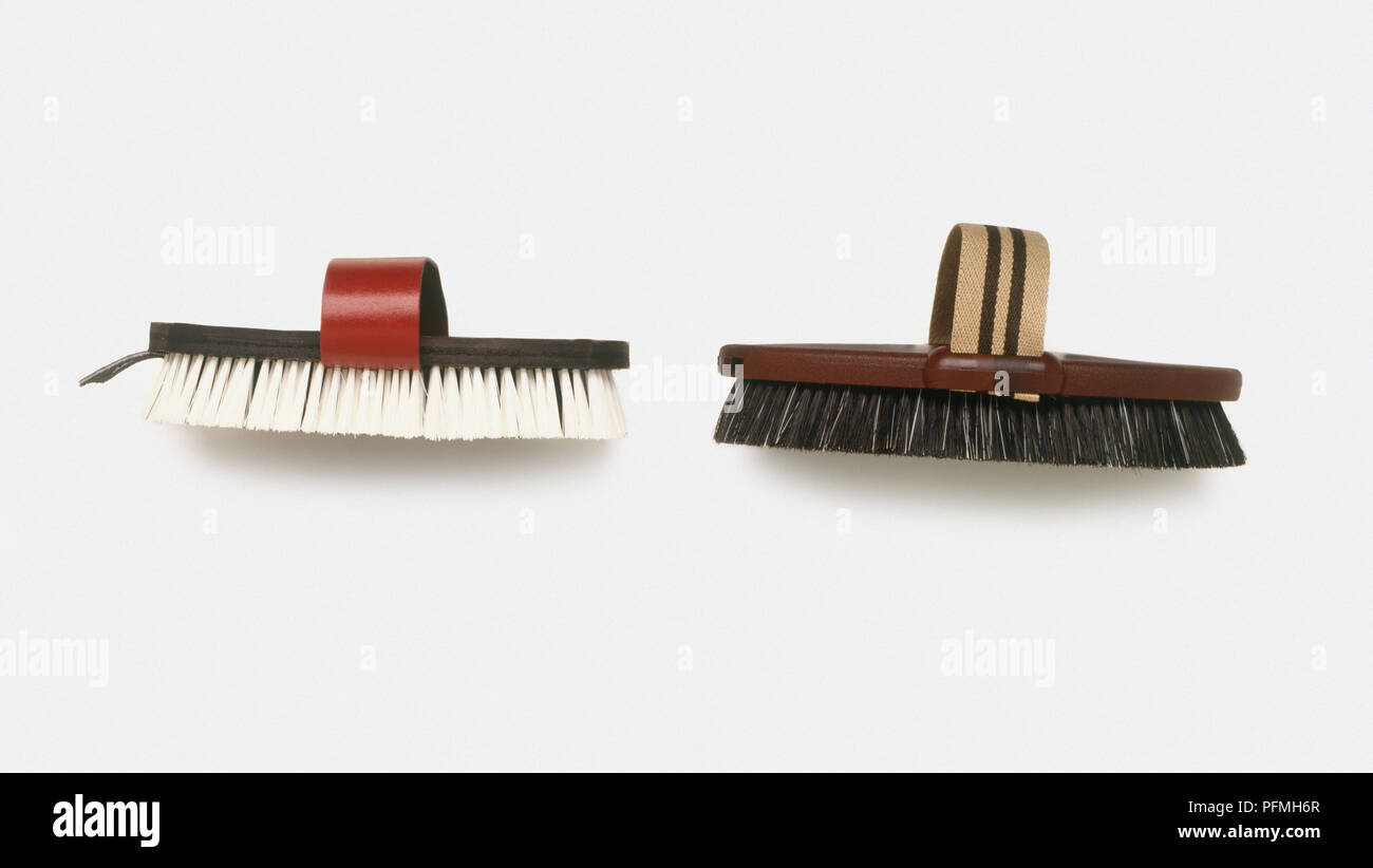 Due spazzole sintetici usati per i cavalli Foto Stock