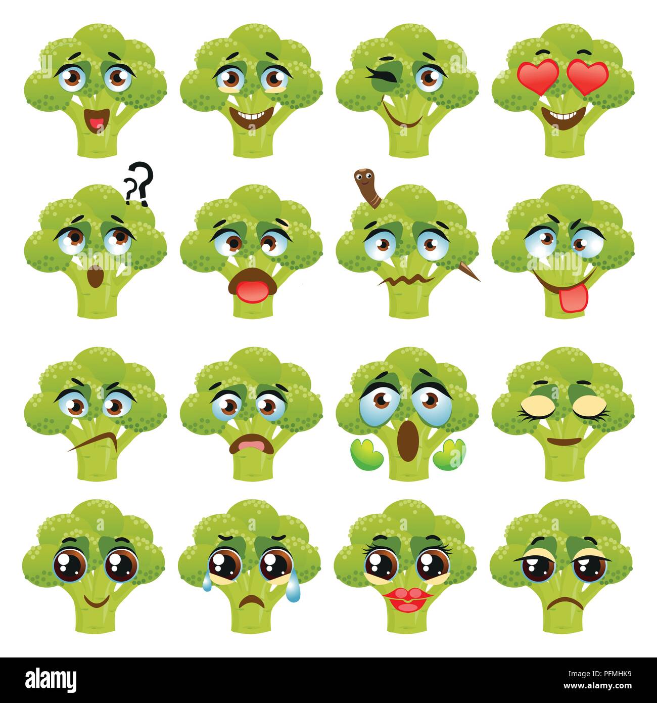 Broccoli gli Emoji Emoticon espressione. Divertente carino cibo Illustrazione Vettoriale