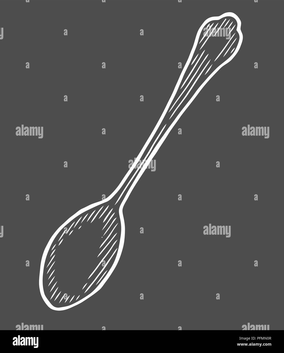 Cucchiaio nello stile di incisione, isolati su sfondo nero. Illustrazione Vettoriale