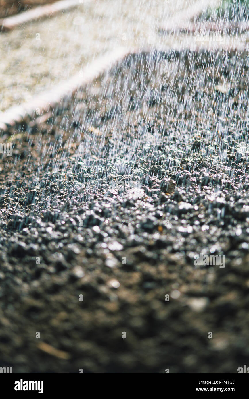 Close-up di pioggia pesante sul terreno. Foto Stock