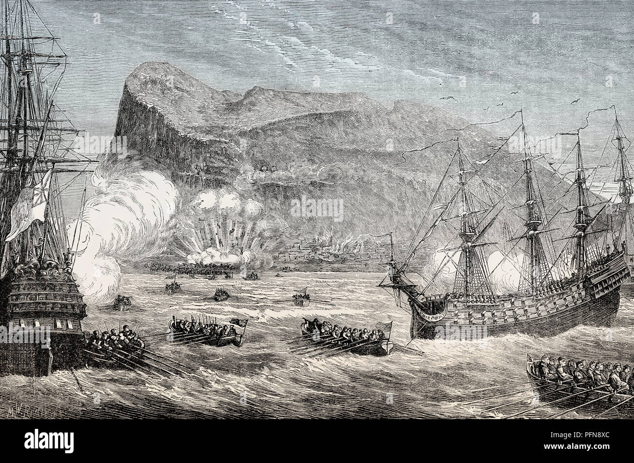 La cattura di Gibilterra tra il 1 ed il 4 agosto 1704, la guerra di successione spagnola, dal British battaglie di terra e di mare, da James Grant Foto Stock
