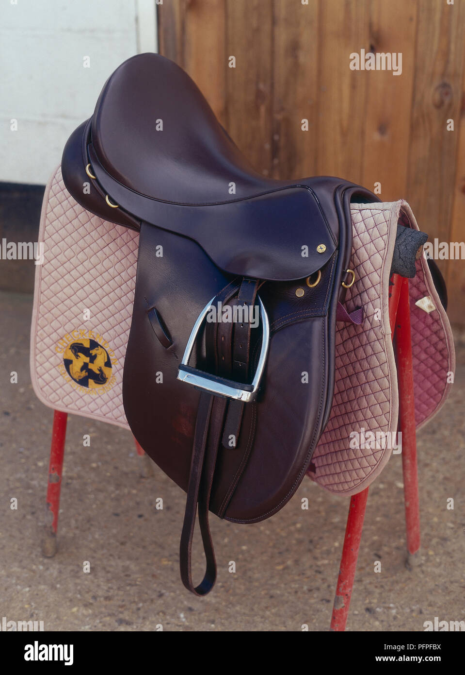 Lucido Sella in cuoio sulla parte superiore della sella pad sulla cremagliera nei pressi di Porta stabile Foto Stock