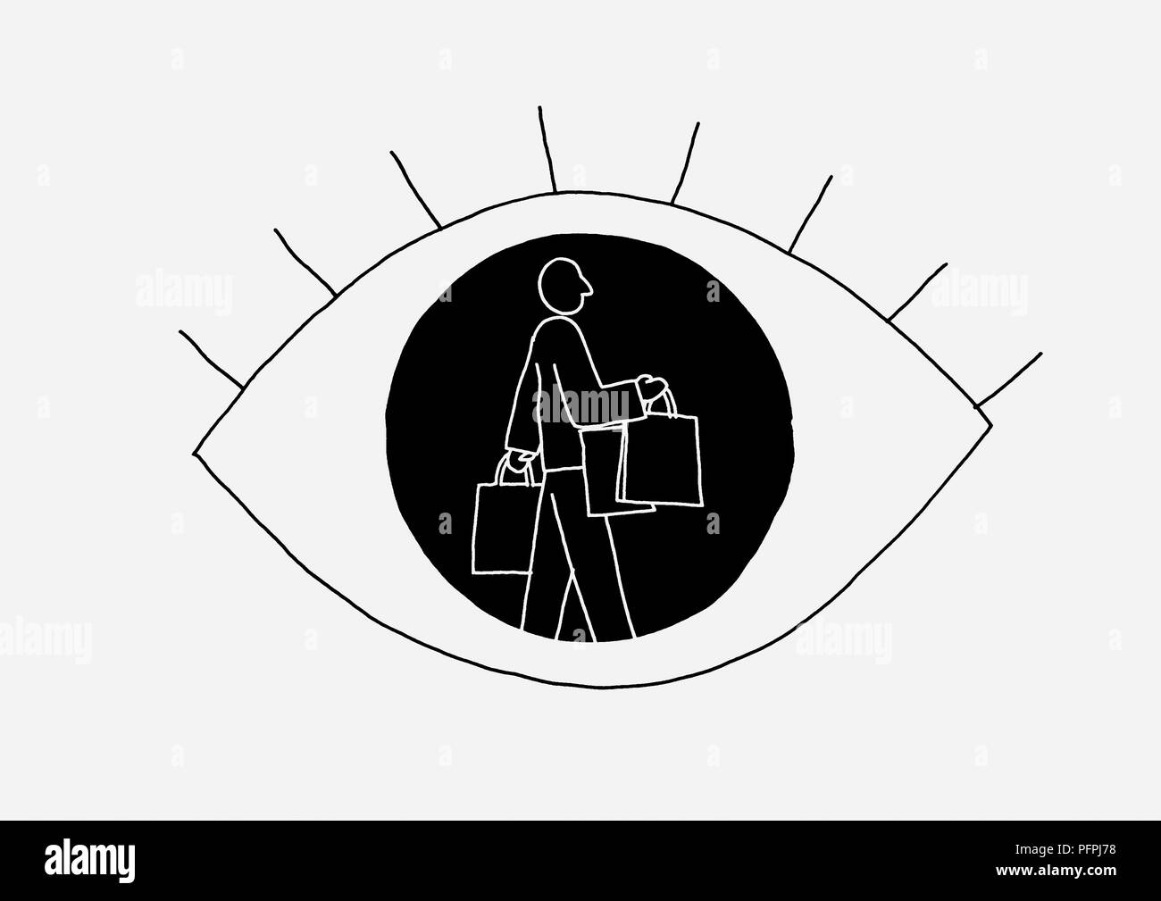 Bianco e nero illustrazione della figura il trasporto delle borse della spesa sovrapposto a un occhio umano Foto Stock