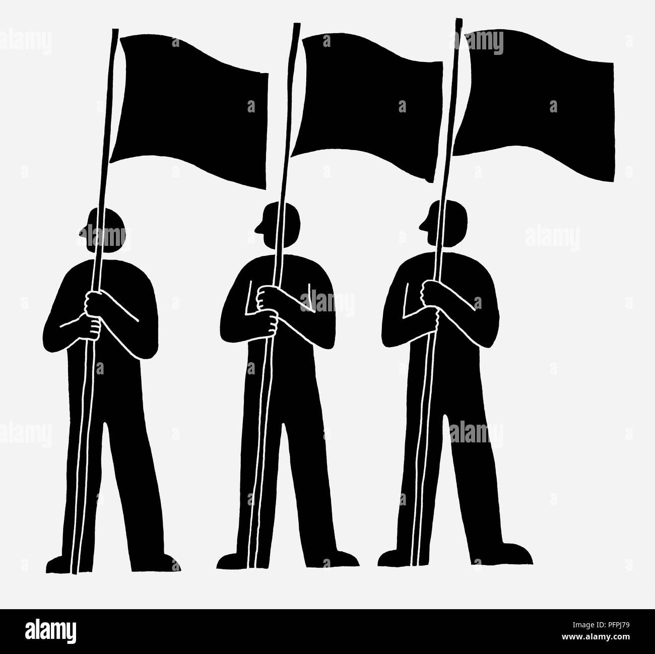 Bianco e nero illustrazione di tre figure holding bandiere Foto Stock