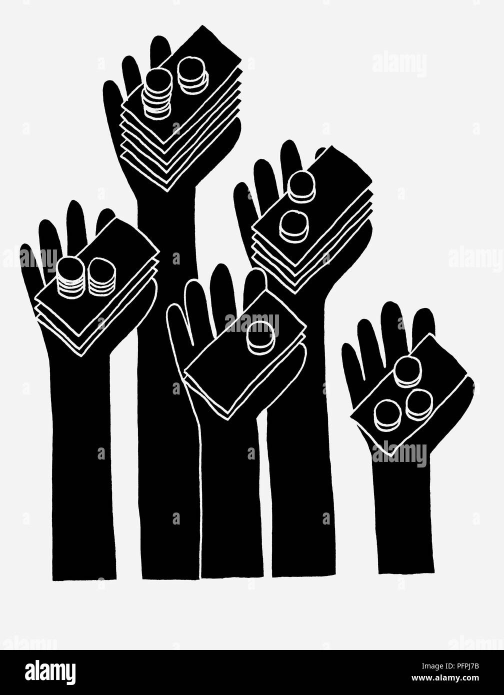 Bianco e nero illustrazione di mani tese detenere fondi Foto Stock