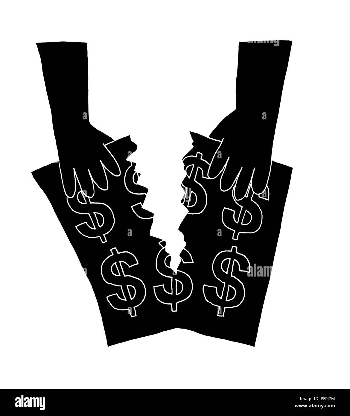 Bianco e nero illustrazione delle mani la lacerazione di un documento con i simboli di dollaro su Foto Stock