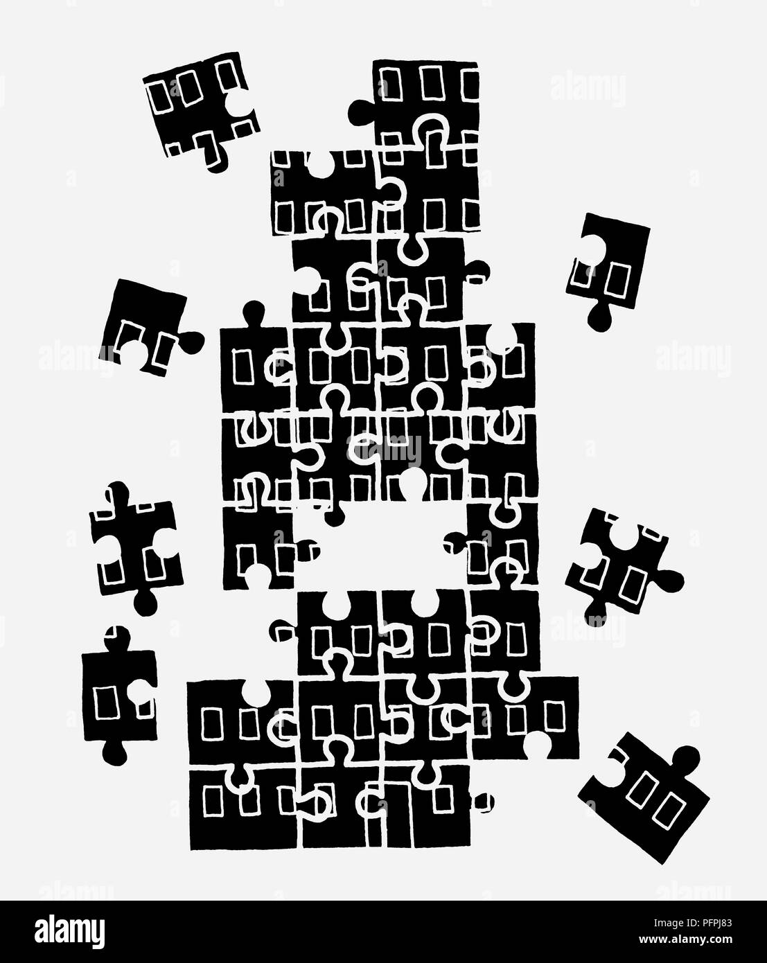 Bianco e nero illustrazione di pezzi di un puzzle montato insieme Foto Stock