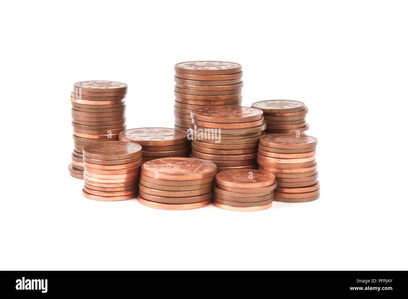 Pile di uno pence e due pence monete Foto Stock