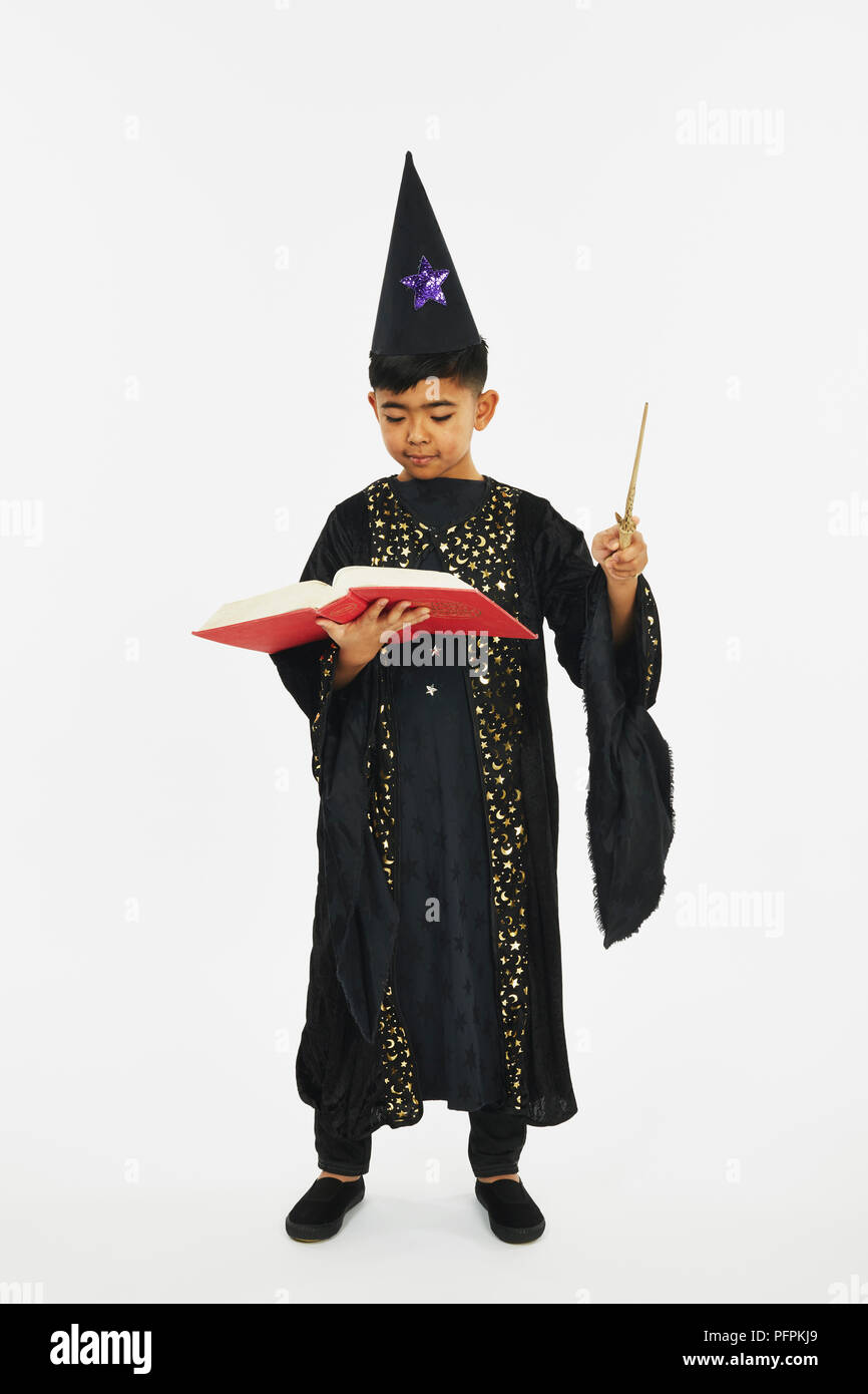 Procedura guidata con un libro e una bacchetta Foto Stock