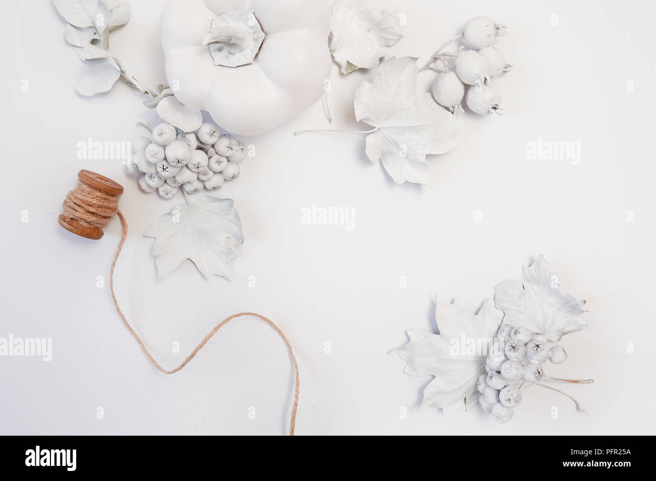 Mockup in legno autunno sfondo bianco con zucca, bacche, foglie e corda di lino. Biglietto di auguri per il giorno del Ringraziamento in stile rustico con spazio per il testo. Lay piatto. Vista superiore Foto Stock