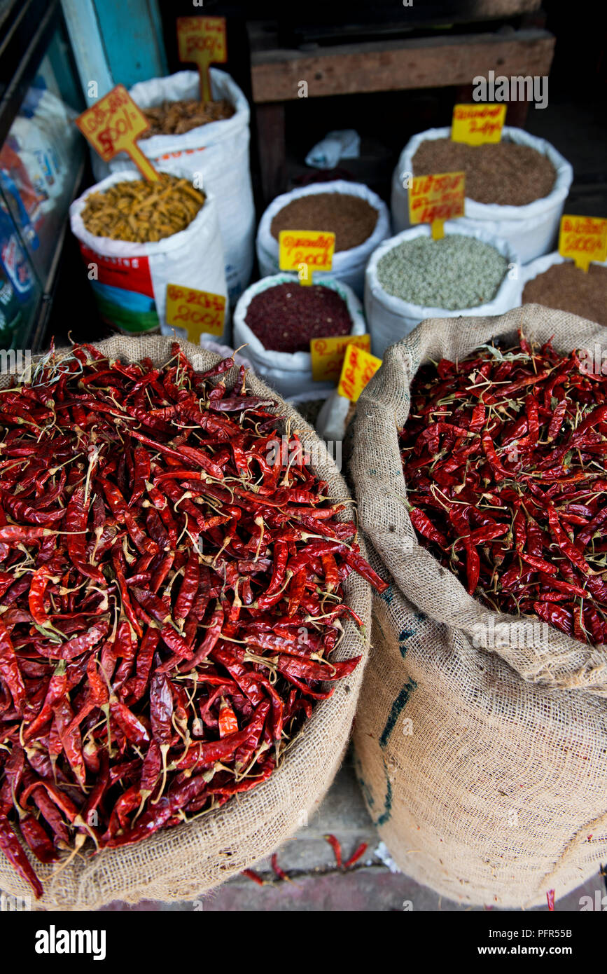 Sri Lanka, Provincia del Nord Est, Jaffna, rosso peperoncino essiccato peperoni per la vendita al mercato Foto Stock