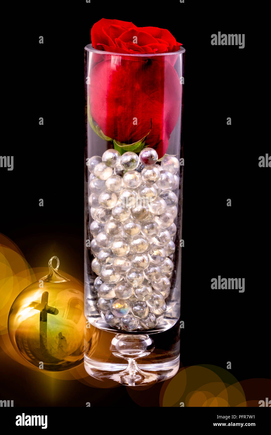 Red Rose in vaso con talloni su sfondo nero e oro ornamento di Natale con una croce Foto Stock