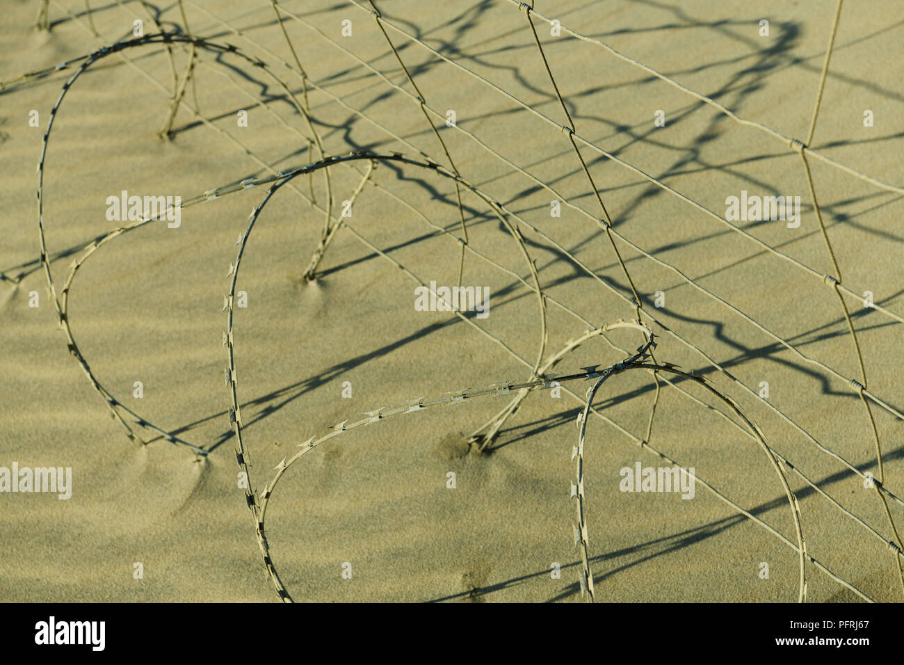 Weathered arrugginimento concertina barb filo al fondo della linea di recinzione forma di colata e i modelli della linea sul vento sabbia soffiata Foto Stock