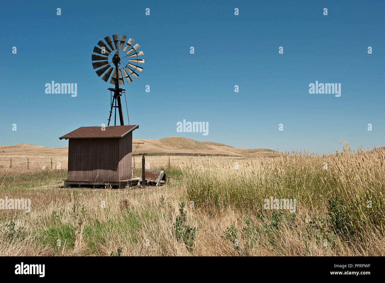 Stati Uniti, California, Sacramento Delta, Suisun Marsh, Ranch Rush, capanna e il mulino a vento Foto Stock