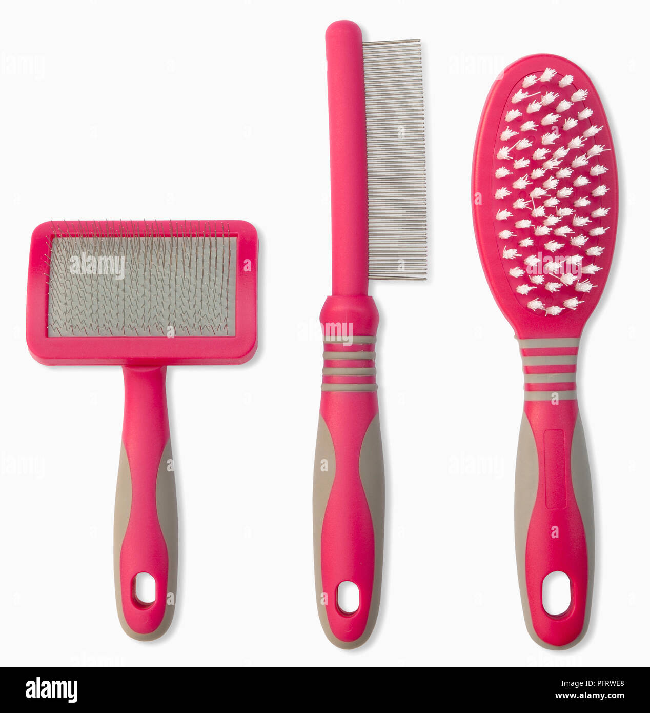 Slicker brush, ammenda pettine e le morbide setole spazzola per animali domestici Foto Stock