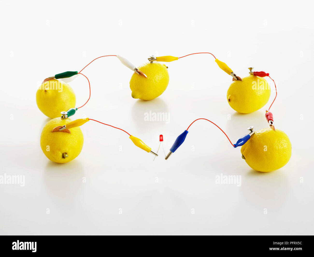 Batteria di limone esperimento Passo 6 di 6, Completato il limone batteria che mostra 5 limoni fissati con clip a coccodrillo, galvansied viti, monete di rame e LED Foto Stock