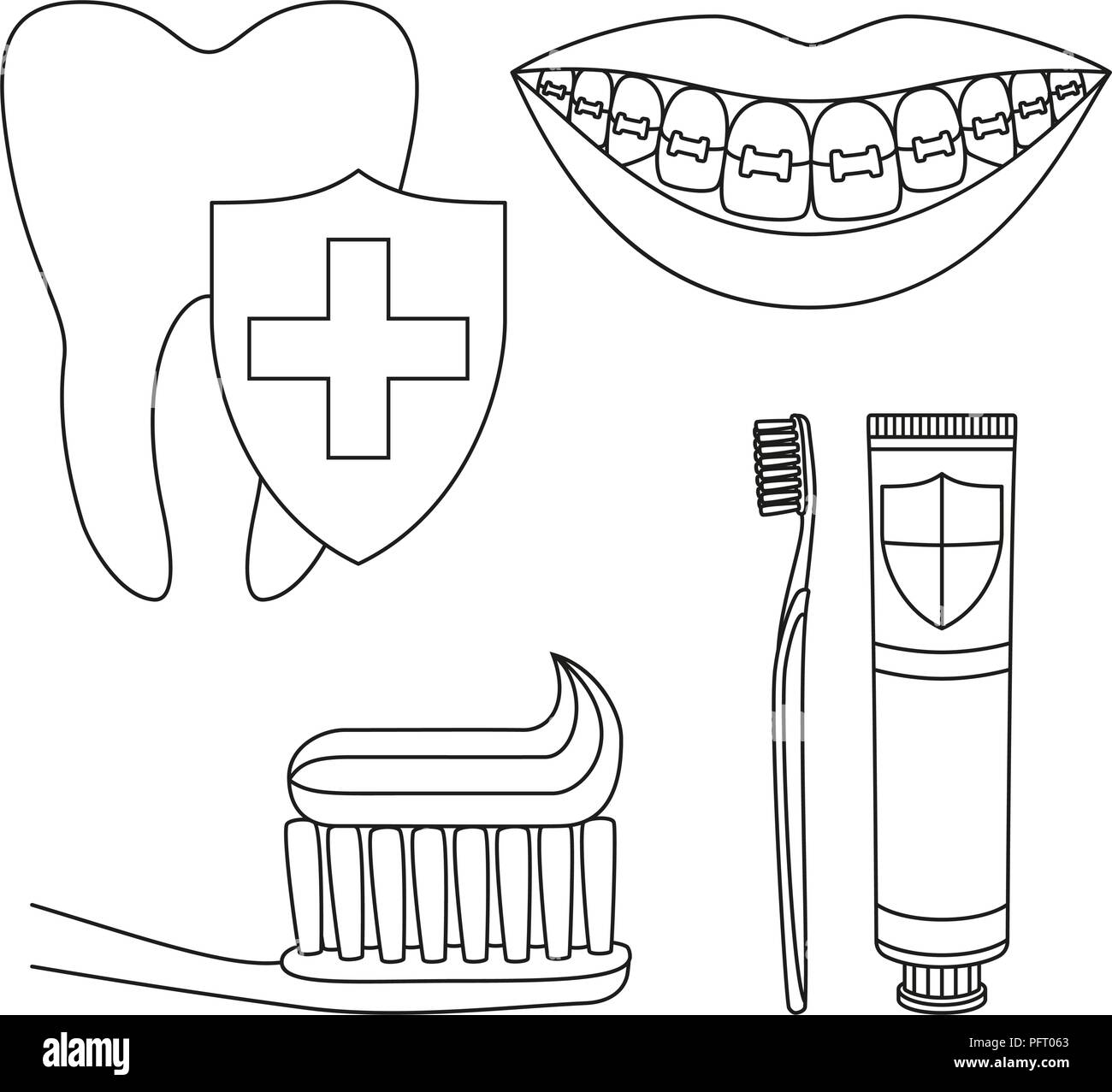 Line art in bianco e nero denti set per pulizia Illustrazione Vettoriale