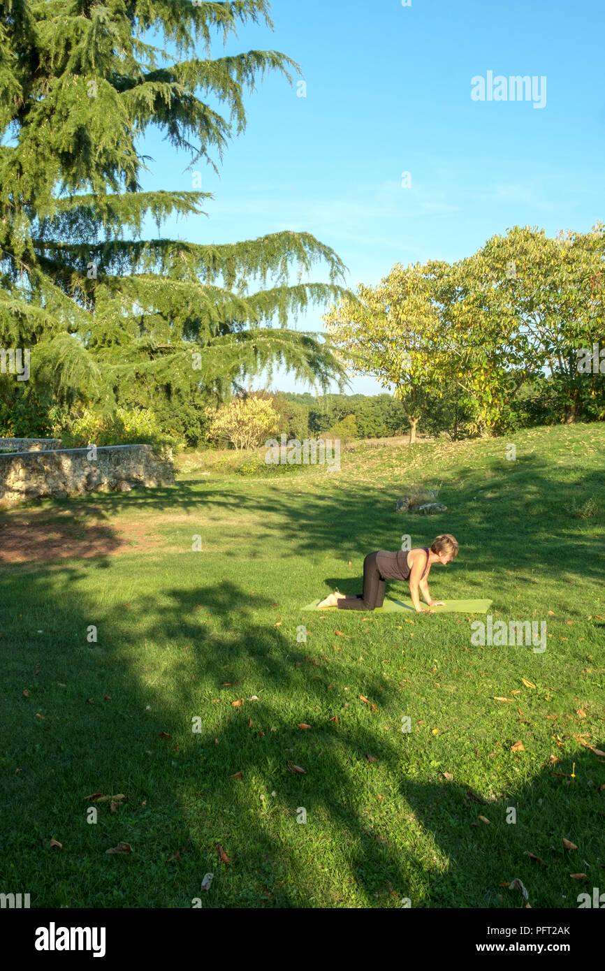 Circondato dalla campagna idilliaca campagna francese una donna matura la sua prassi posizioni di yoga in autunno bello e mite sole. La vacca pongono. Foto Stock