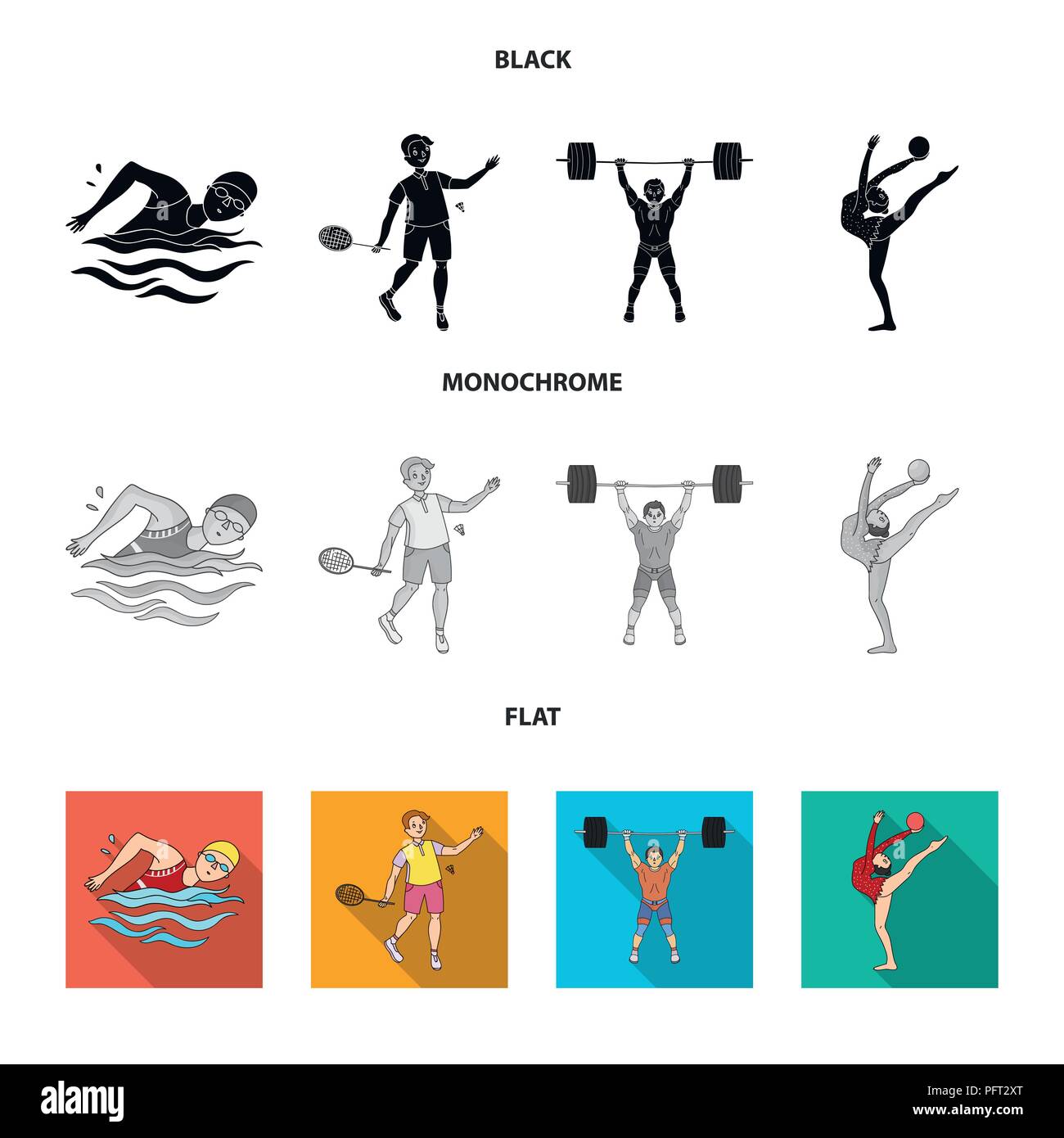 Nuoto, badminton, sollevamento pesi, ginnastica artistica. Olympic Sport set di icone di raccolta in nero, piatta, monocromatico stile simbolo vettore stock illus Illustrazione Vettoriale