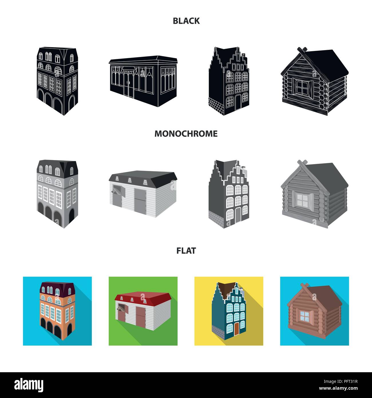 Casa residenziale in stile inglese, un cottage con finestre di vetro colorato, un cafe' edificio, una capanna in legno. Architectura e costruzione di set di icone di raccolta Illustrazione Vettoriale