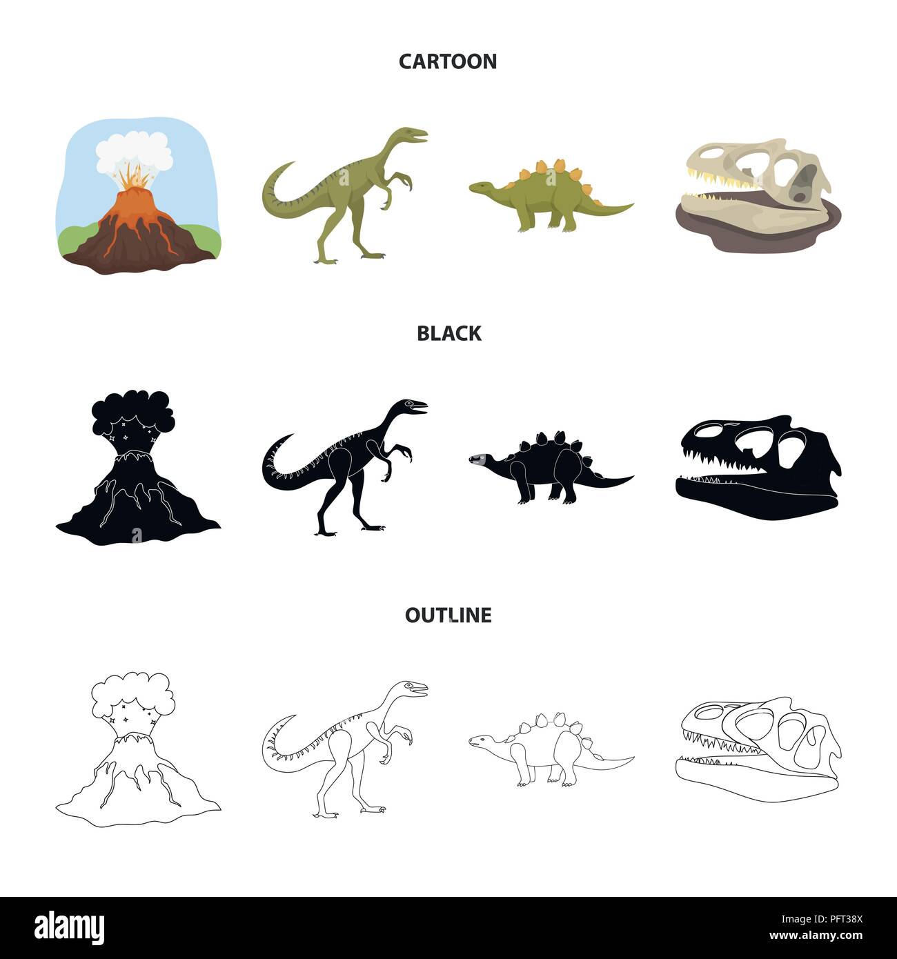 Eruzione vulcanica, gallimimus, stegosaurus,teschio di dinosauro. Dinosauro e periodo preistorico set di icone di raccolta in cartoon,Black,outline vettore di stile Illustrazione Vettoriale