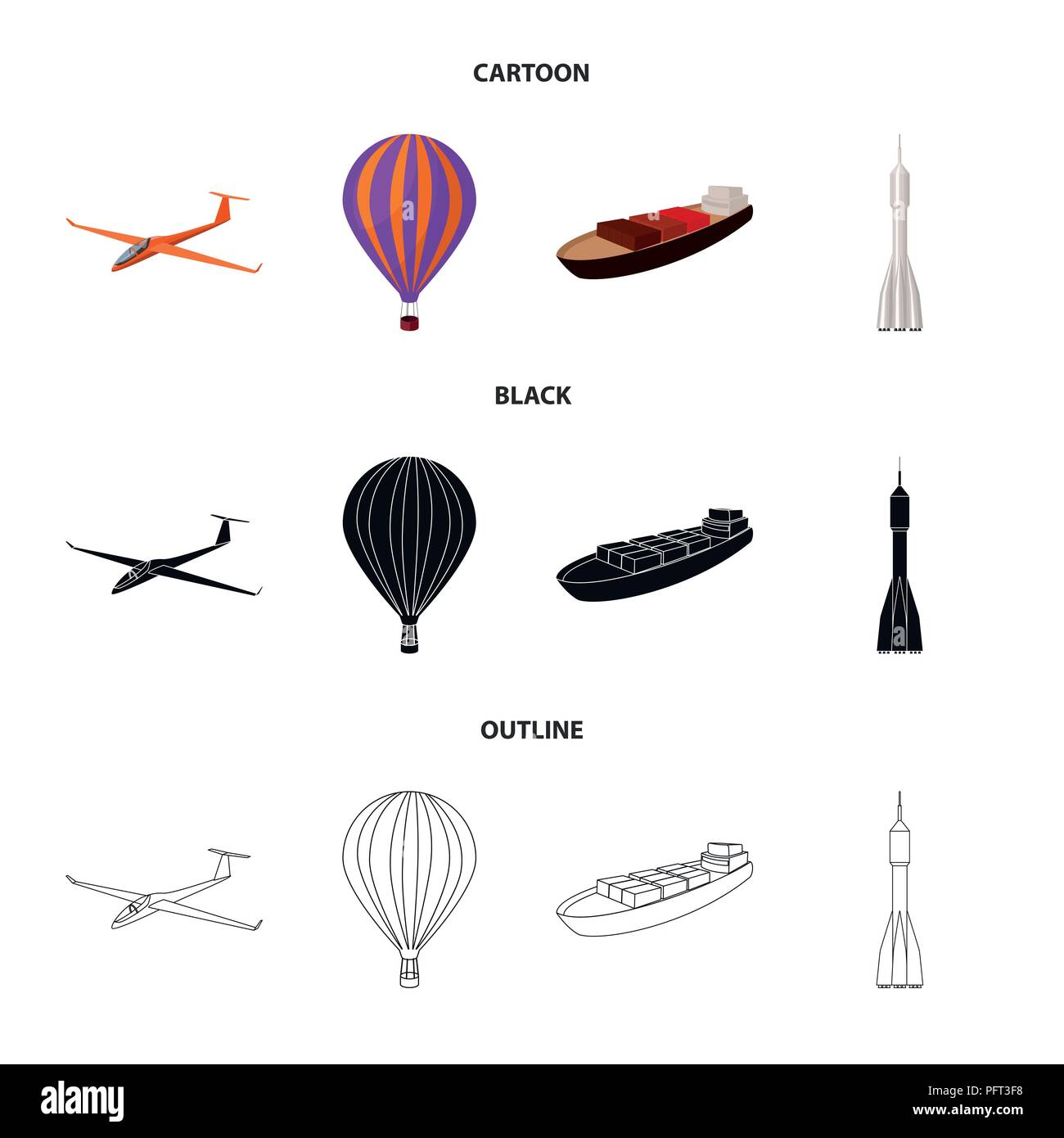 Un drone, un aliante, un palloncino, una chiatta di trasporto, un razzo  spaziale con una modalità di trasporto. Trasporto set di icone di raccolta  in nero,monocromatico, stile contorno Immagine e Vettoriale -