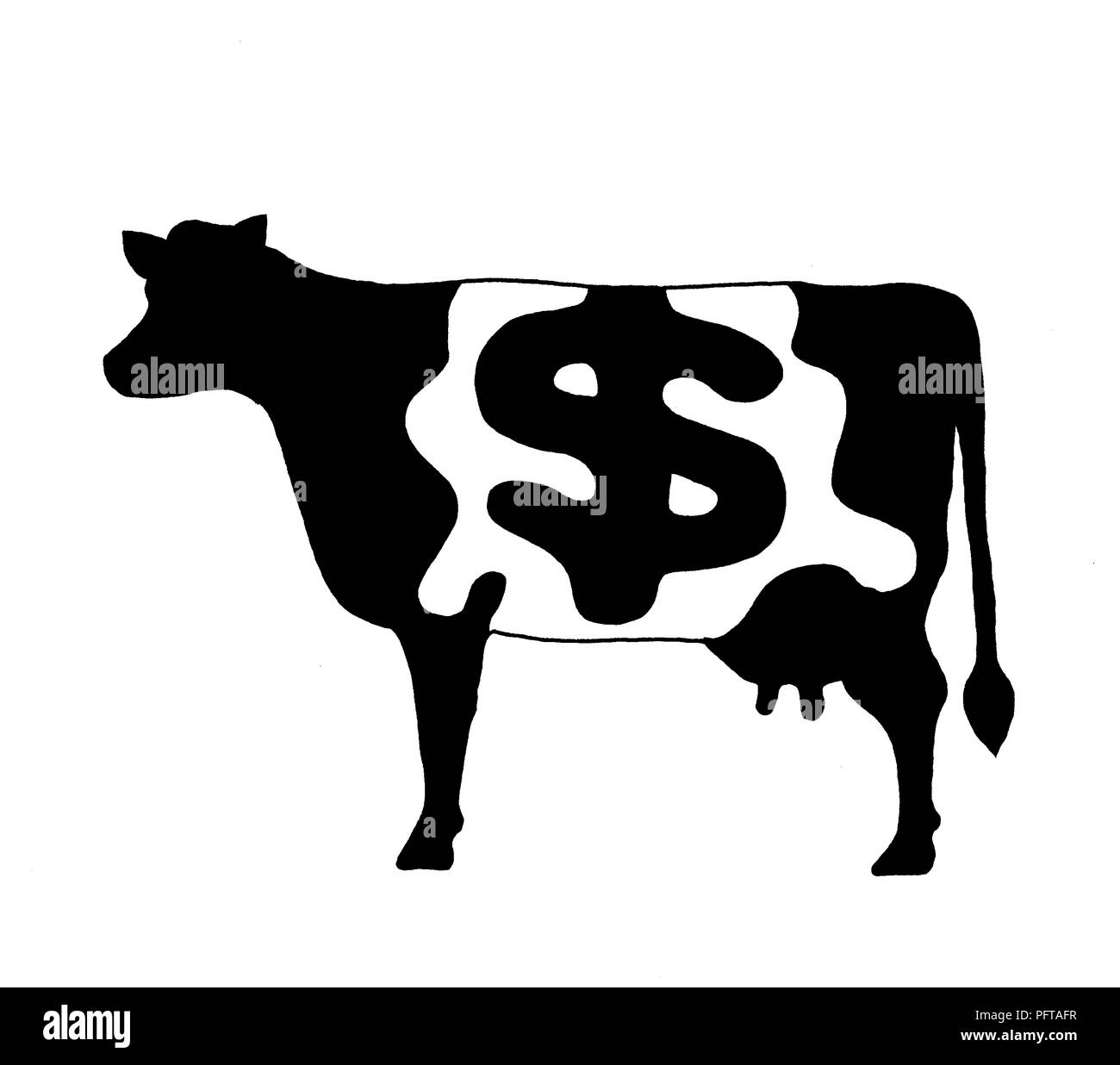 Bianco e nero illustrazione della mucca con marcature del dollaro Foto Stock
