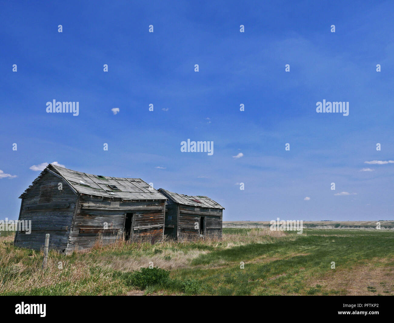 Random fienili abbandonati nel bel mezzo del nulla. Badlands, Alberta, Canada Foto Stock