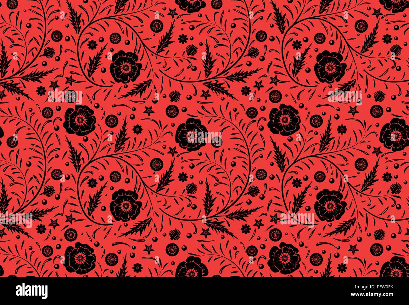 Vector Seamless floral pattern design disegnato a mano: PAPAVERI NERI con vintage lascia su di uno sfondo di colore rosso. Stile nazionale Illustrazione Vettoriale