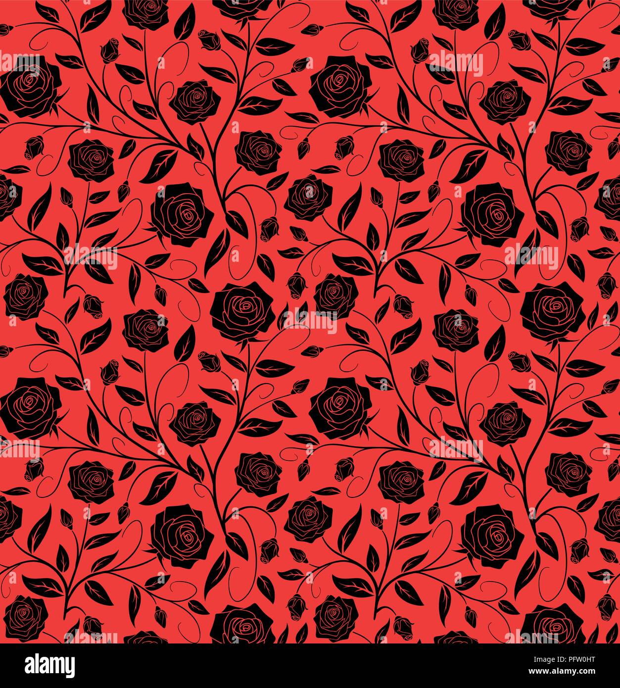 Vector Seamless floral pattern design disegnato a mano: Black rose con boccioli e foglie su uno sfondo rosso Illustrazione Vettoriale