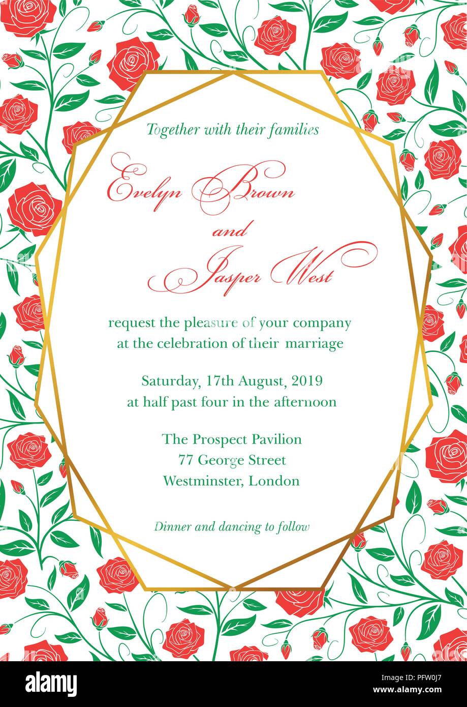 Invito a nozze, rose rosse floral invitare il design della scheda con arte geometriche linee di confine verde, il telaio. Stile rustico Illustrazione Vettoriale