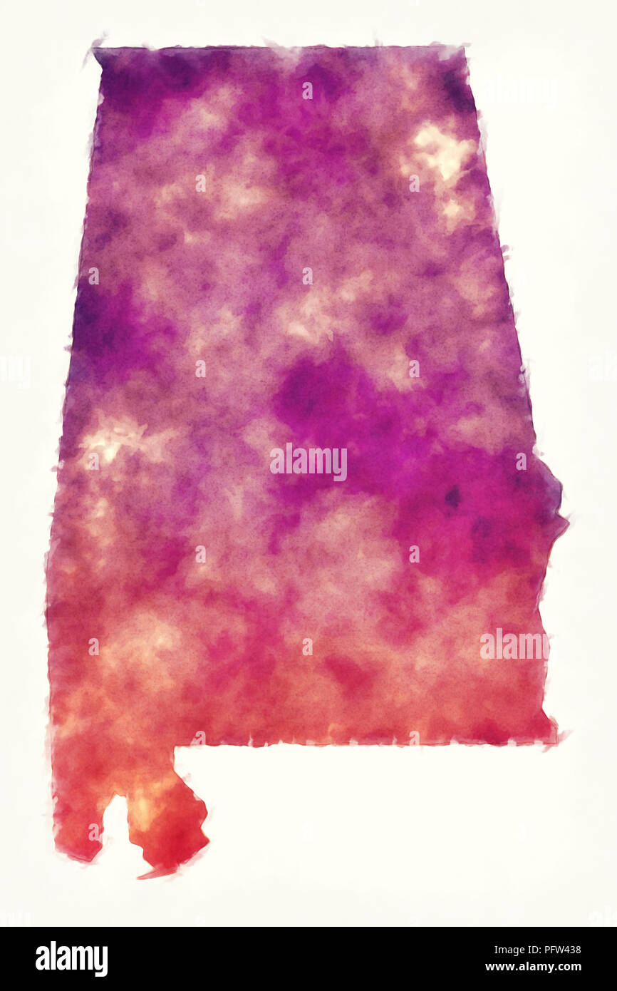 Lo stato dell'Alabama USA Mappa acquerello davanti a uno sfondo bianco Foto Stock