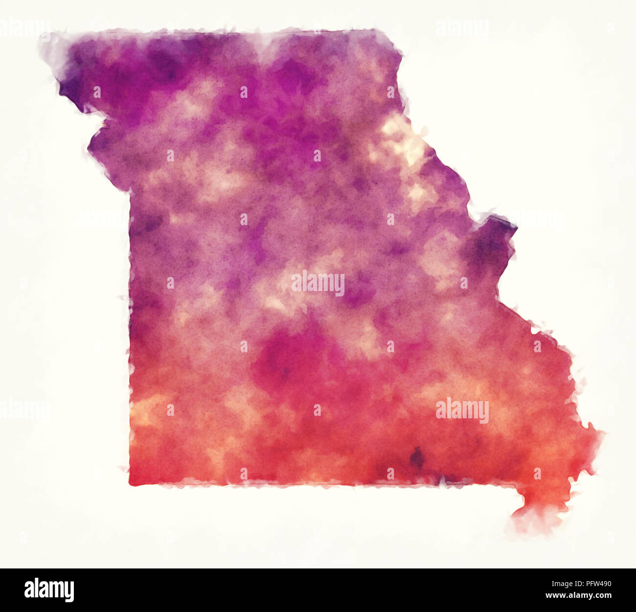 Stato del Missouri USA Mappa acquerello davanti a uno sfondo bianco Foto Stock
