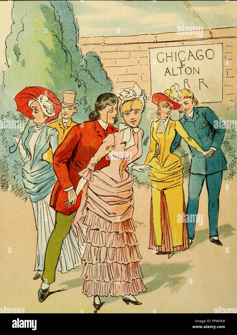 Illustrazione a colori raffigurante tre insiemi di uomini e donne, in piedi all'aperto, in pieno lunghezza, indossando vestiti in stile vittoriano e comportandosi flirtatiously, con un segno su un muro di mattoni in background la lettura 'Chicago e Alton RR, ' da Davison Dalziel del volume "una parodia di Princess Ida", 1885. La cortesia Internet Archive. () Foto Stock
