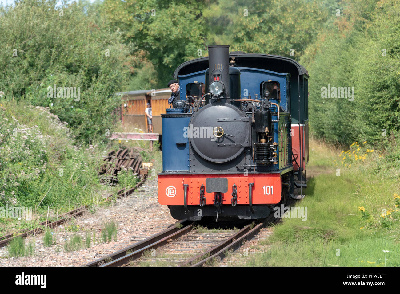 Un treno a vapore del Chemin de fer de al Baie de Somme avvicinandosi alla stazione a Noyelles sur mer. Foto Stock