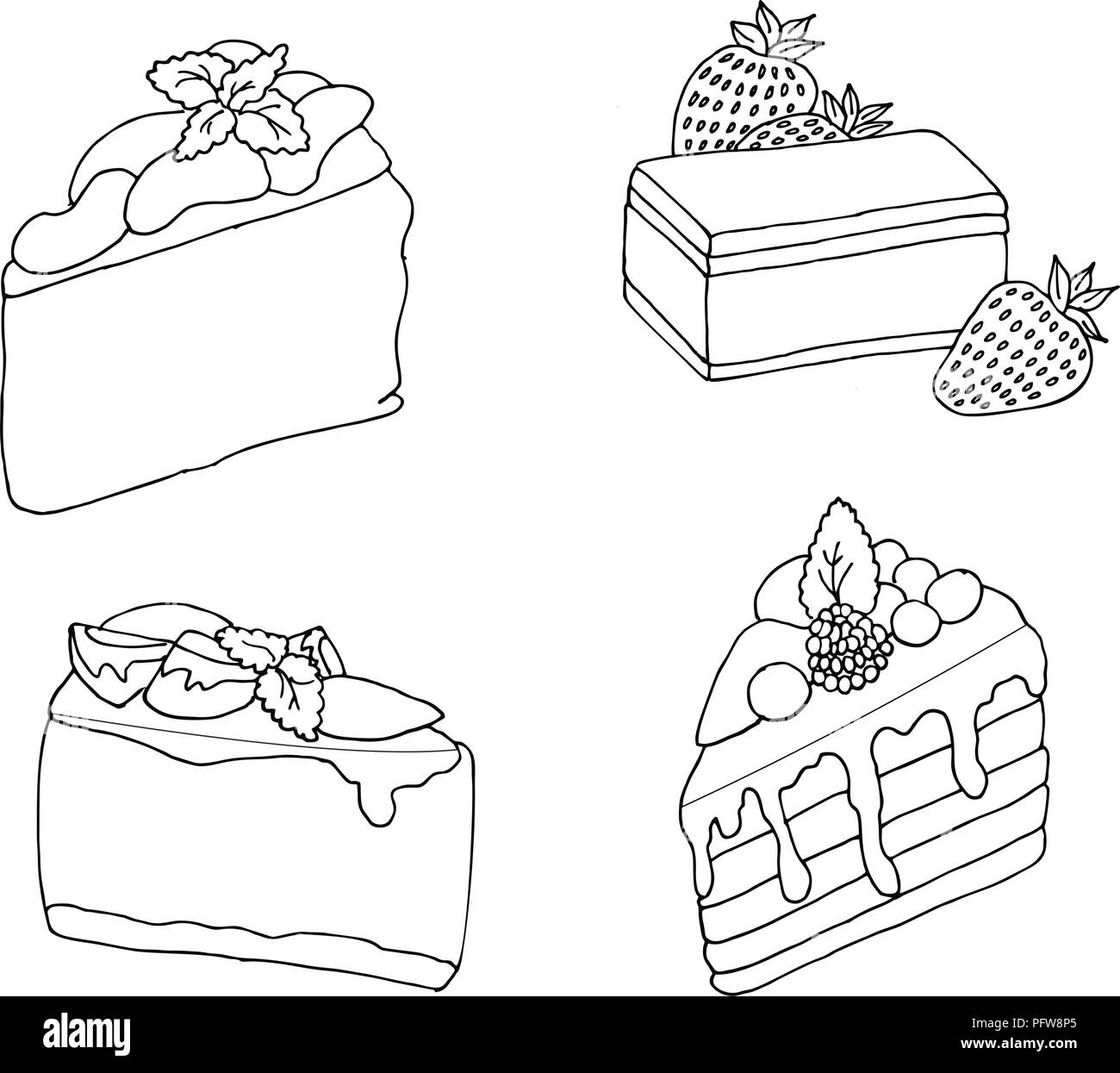 Rasterillustration di vari tipi di torte e pasticcini isolato su bianco. Foto Stock