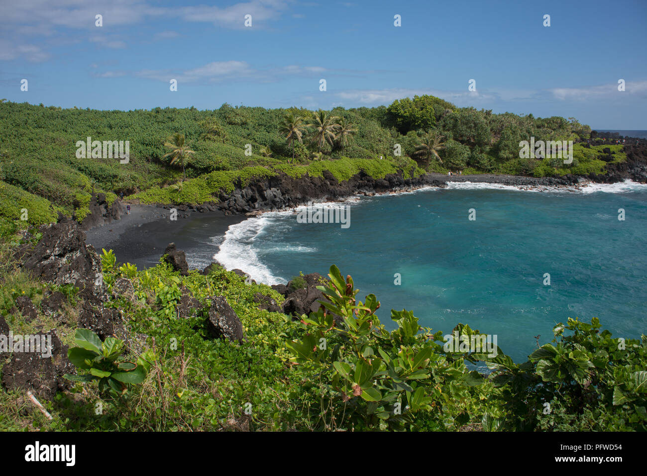 Guardando All Waianapanapa Spiaggia Di Sabbia Nera Sull Isola Di Maui Hawaii Circondato Da Vegetazione Lussureggiante Foto Stock Alamy