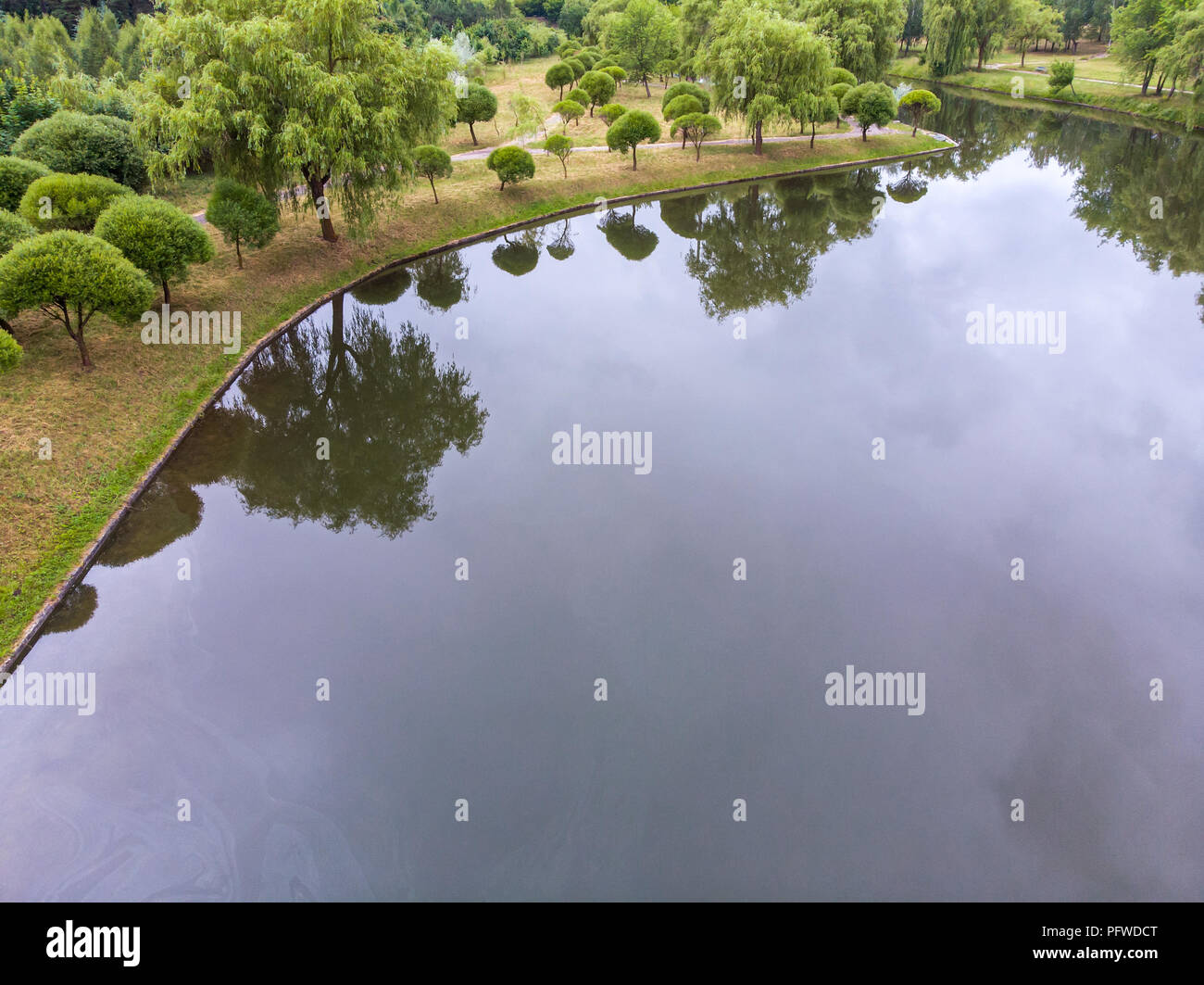 Il parco cittadino stagno con riflessi di cielo nuvoloso e alberi. la fotografia aerea Foto Stock