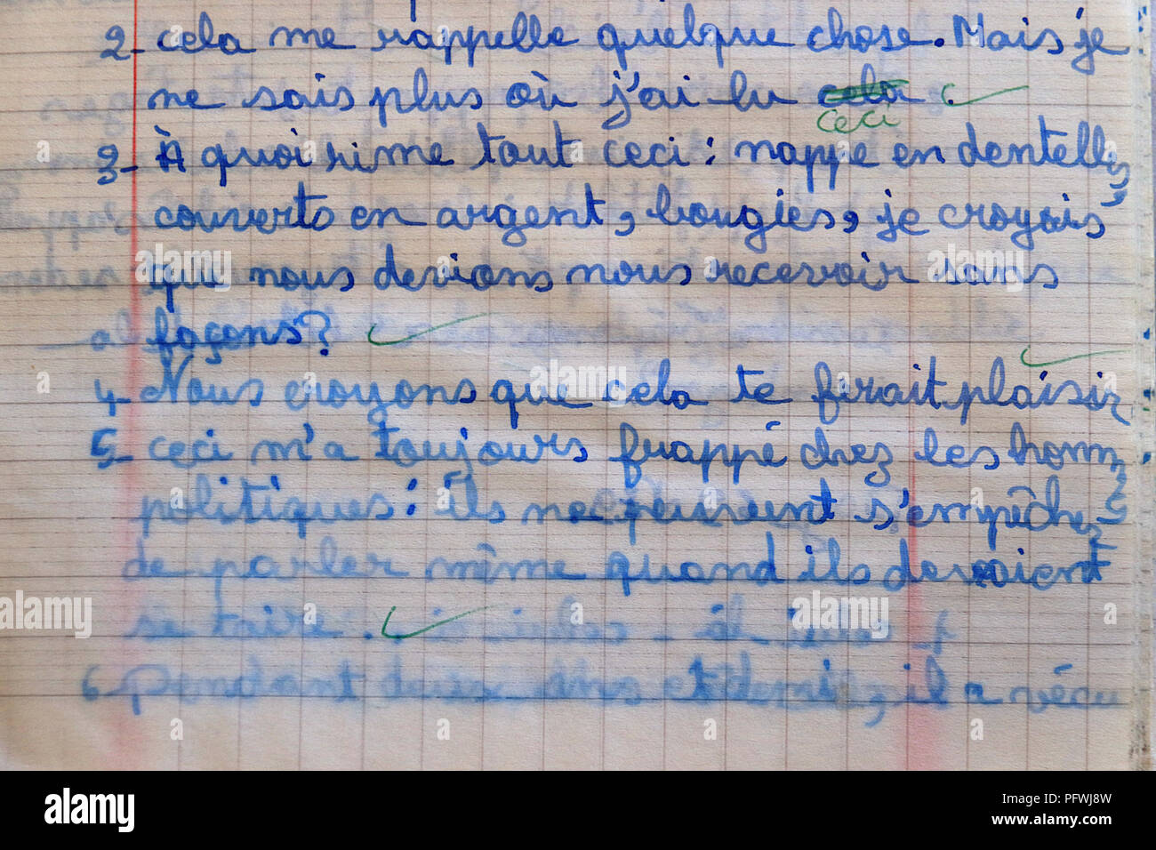 Parte di una pagina di una muffa scuola vecchio notebook con una grammatica compiti in francese. Foto Stock