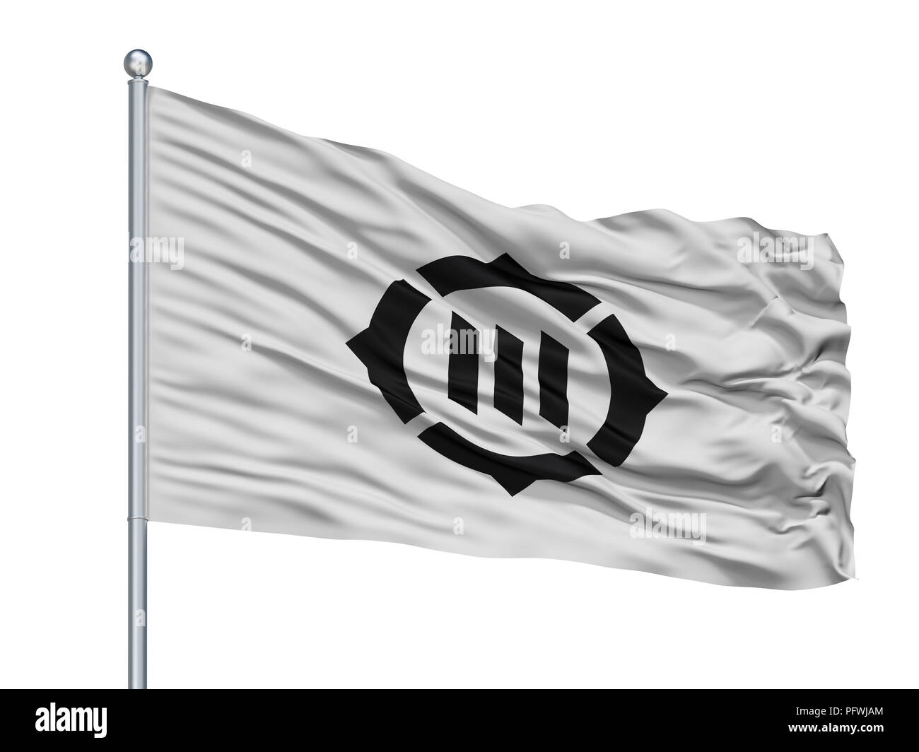 Toyokawa città bandiera sul pennone, Giappone, nella prefettura di Aichi, isolato su sfondo bianco Foto Stock