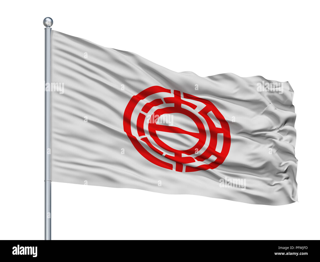 Città Yashio bandiera sul pennone, Giappone, nella prefettura di Saitama, isolato su sfondo bianco Foto Stock