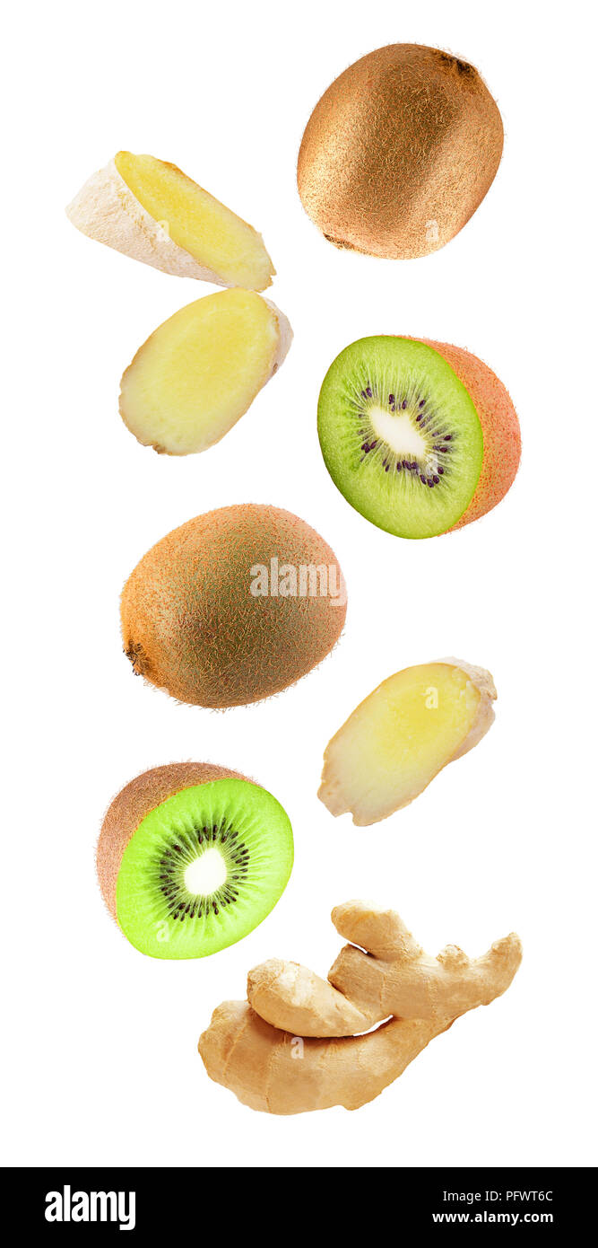 Levità kiwi e zenzero galleggianti in aria Foto Stock