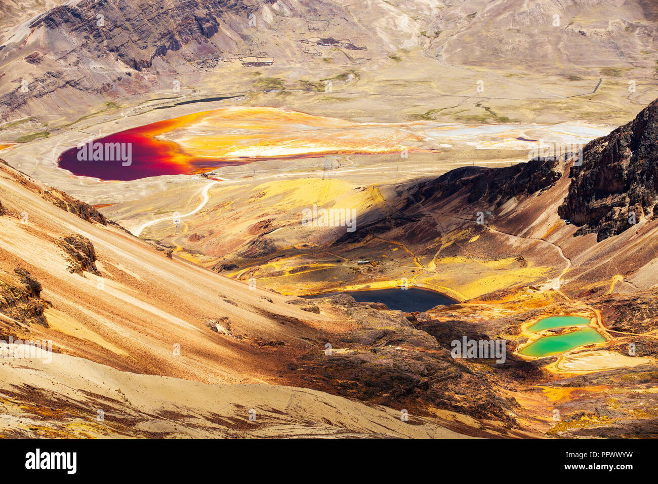 Laghi colorati al di sotto del picco di Chacaltaya stazione sulle Ande boliviane, con un lago scolorito dalla miniera effluente. Foto Stock