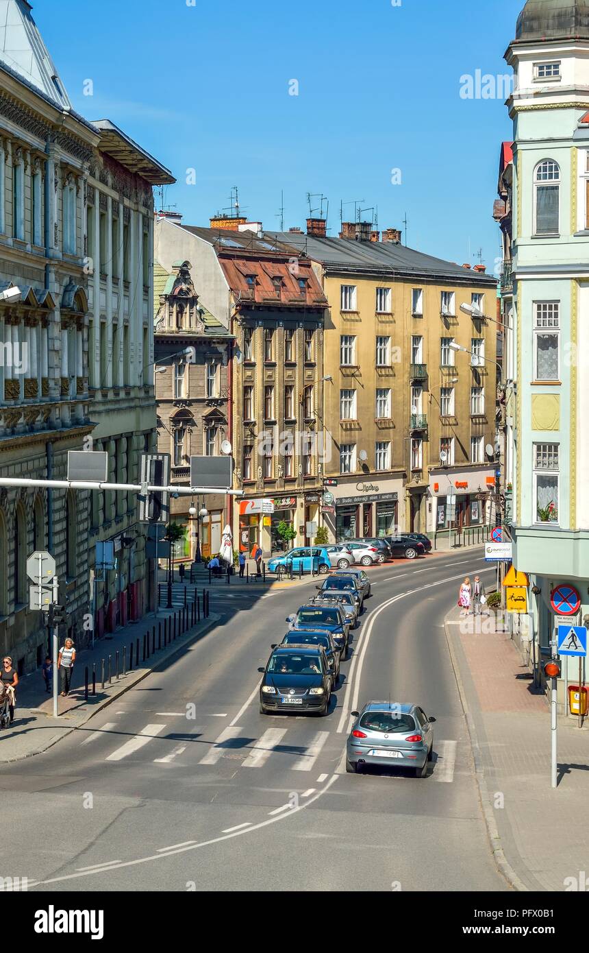 A Bielsko Biala, Polonia - 13 Maggio 2018: il vecchio tenements nel centro di Bielsko-Biala, Polonia. Foto Stock