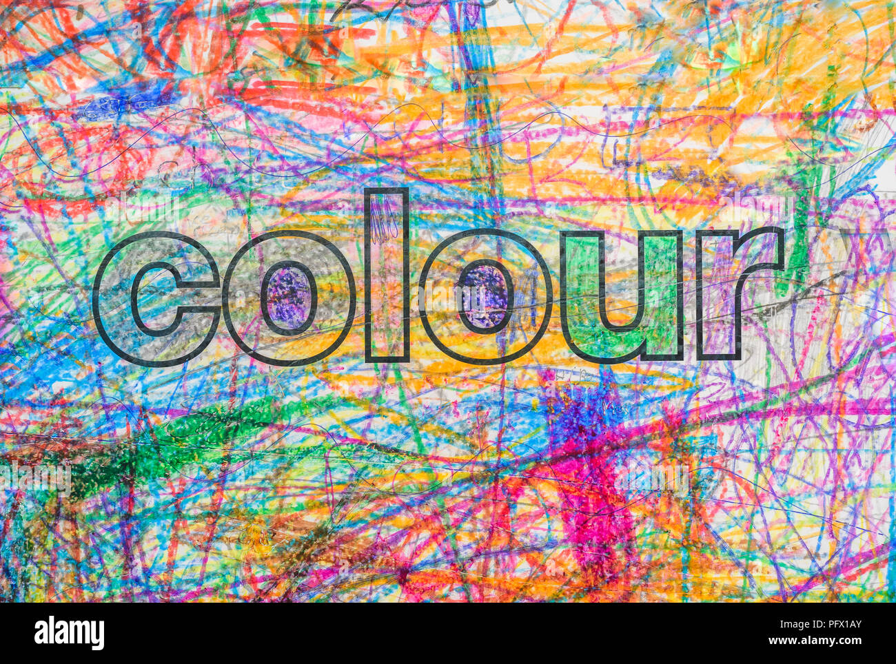 La parola 'Colore' con matita multicolore sfondo. Foto Stock