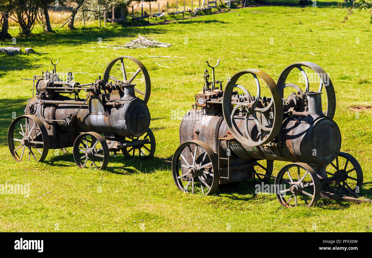 Motore a vapore nel museo su un prato verde, Puerto Varas, Cile. Copia spazio per il testo Foto Stock