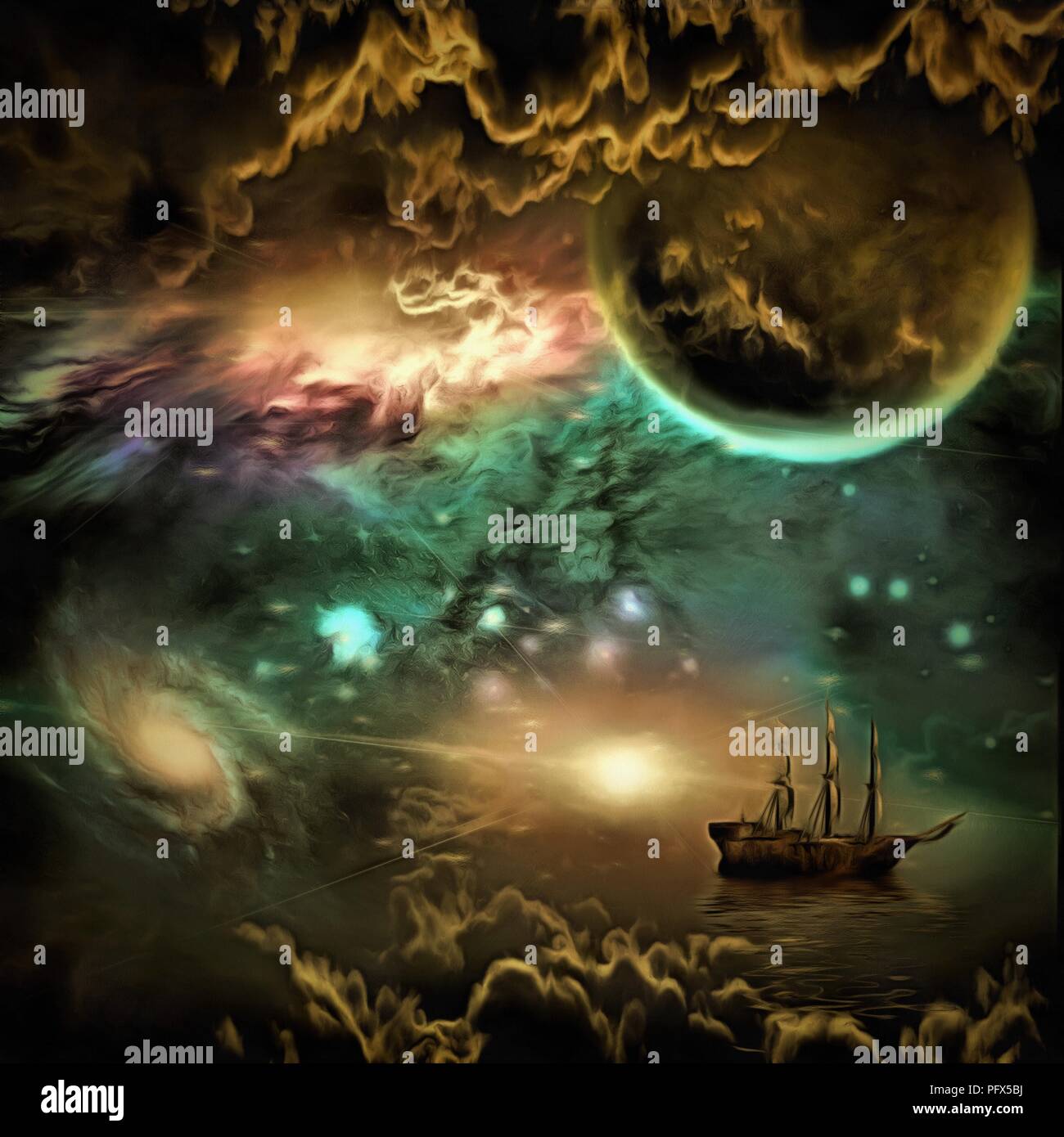 Pittura surreale. Nave a vela in vivace universo. Foto Stock