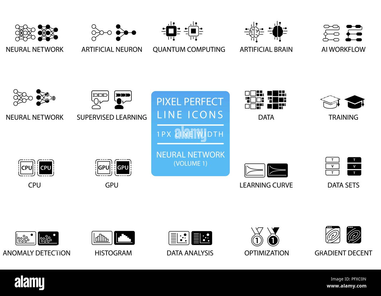 Reti neurali e apprendimento profondo vector icon set ottimizzato per uso su web Illustrazione Vettoriale